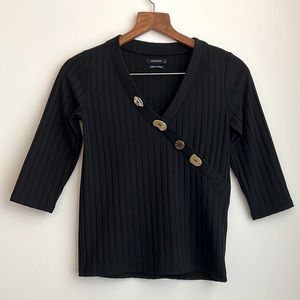 Reserved Black Ribbed Quarter Sleeve V Neck Shirt